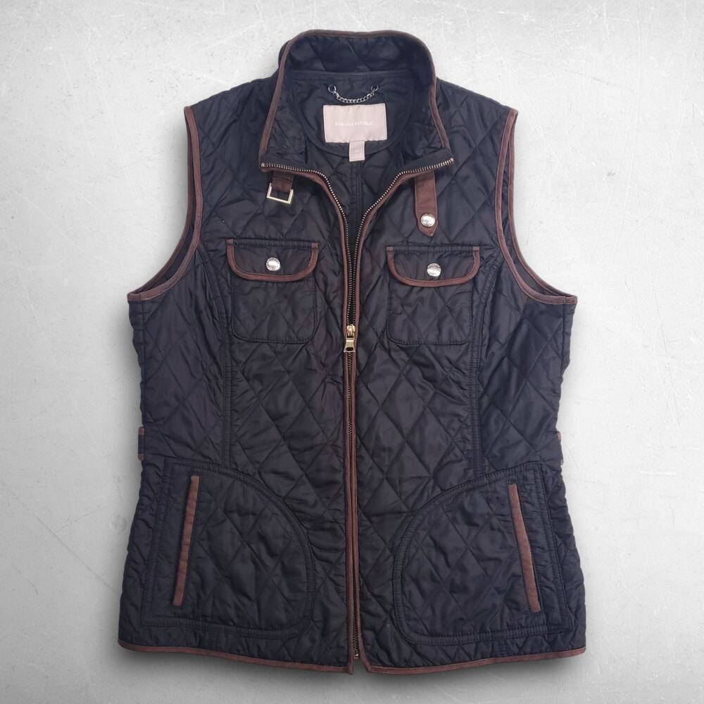 Banana Republic Quilted‎ Vest Pockets Adj Waist Zipper Women M Black Brown Trim